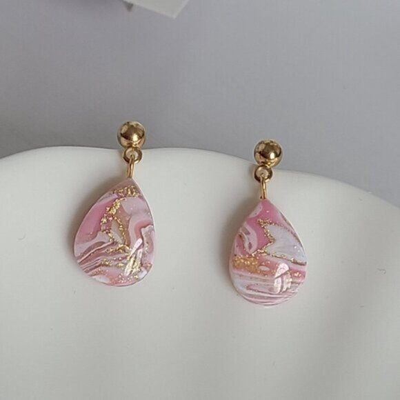 Boho Gold Ball Resin Pink White Agate Gemstone Inspired Teardrop Dangle Earrings - Picture 3 of 12